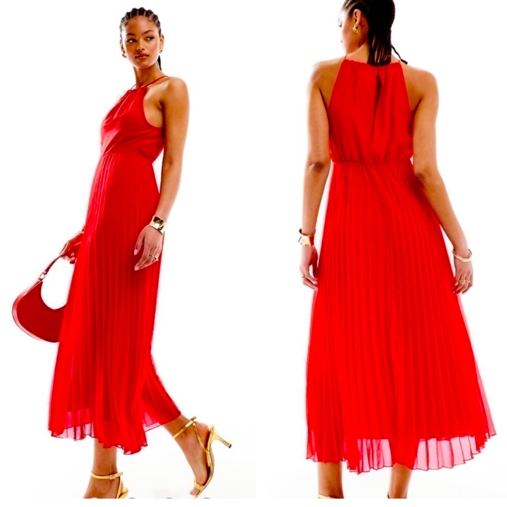 Asos Curve pleated chiffon midi dress
with halter neck in red, New without Tags
